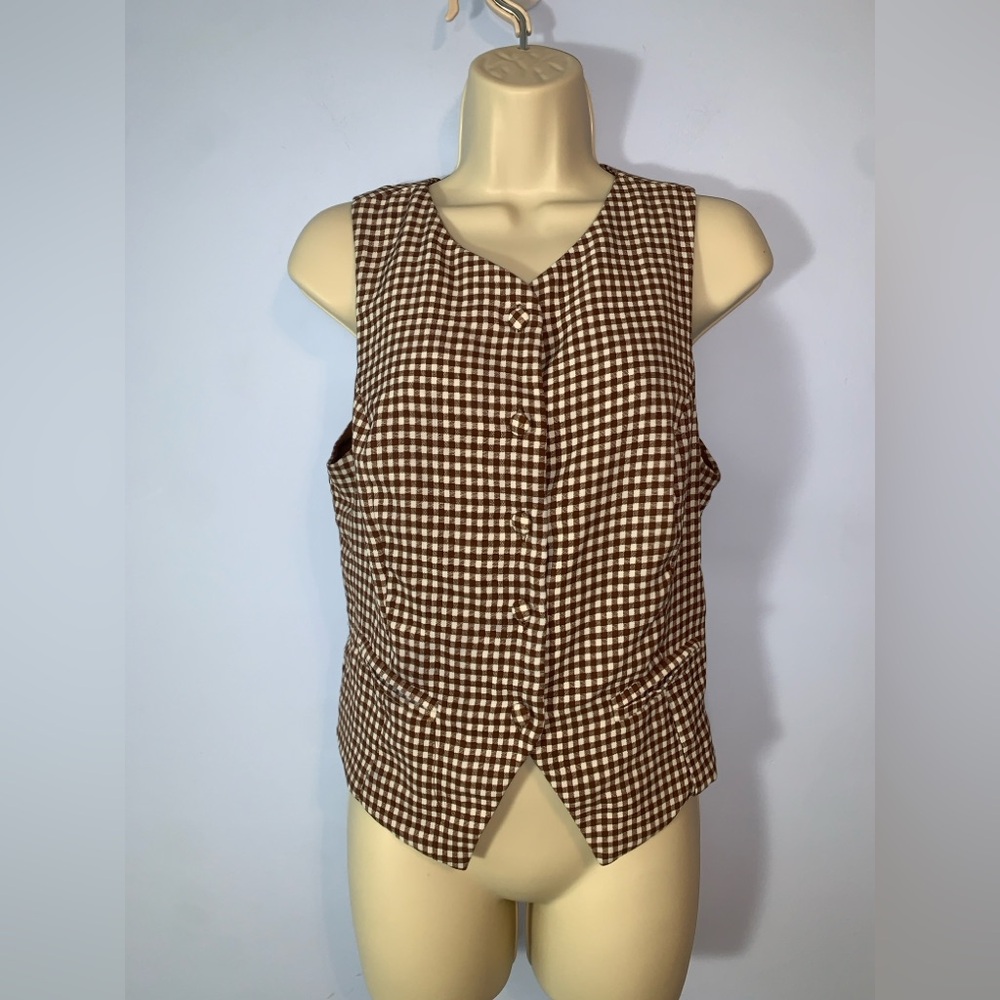 Monteau Los Angeles light Brown white gingham Checkered Sleeveless vest size L